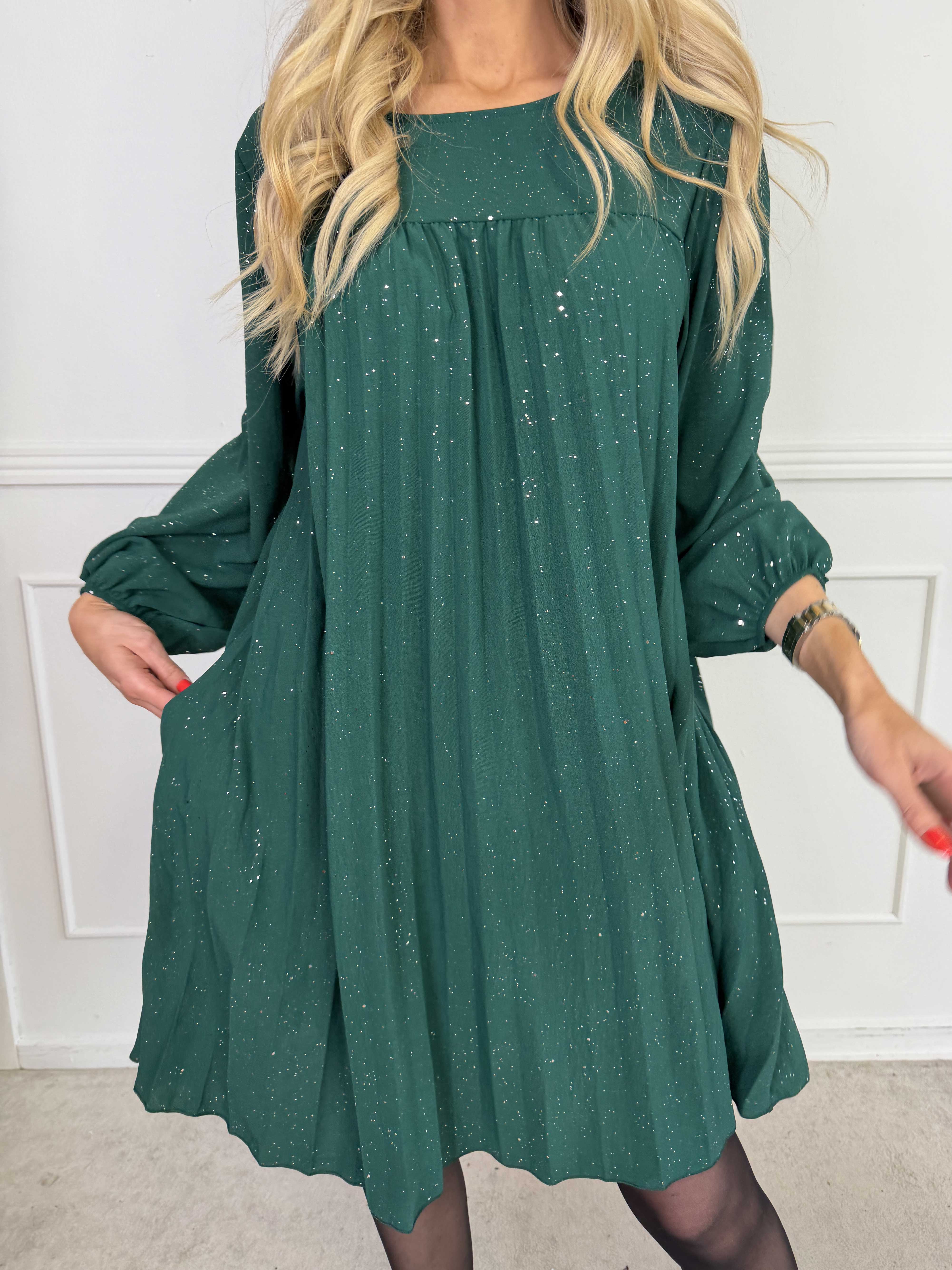 Nancy Glitter Short L/S - Plisseret kjole med lommer og glimmer